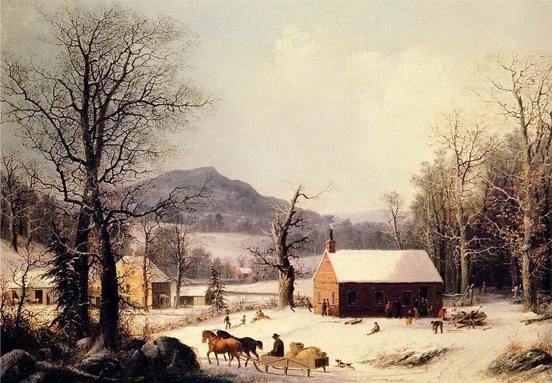 George Henry Durrie Red School House, Winter Norge oil painting art